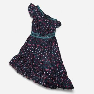 Joie Silk One Shoulder Milk Maid Black & Pink floral with ruffle hem Sz Small